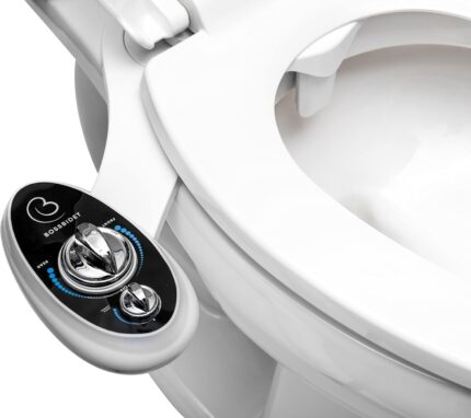 White and black Boss Bidet Luxury bidet toilet seat attachment with dual nozzles and control dial