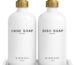 Elegant gold glass hand and dish soap dispenser set by Brighter Barns with two bottles and a ceramic tray.