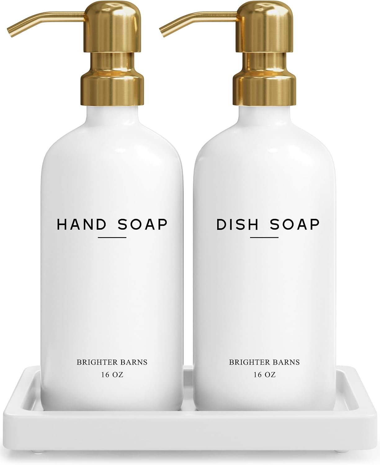 brighter-barns-luxury-gold-glass-hand-dish-soap-dispenser-set-for-kitchen-sink-01 Elegant gold glass hand and dish soap dispenser set by Brighter Barns with two bottles and a ceramic tray.