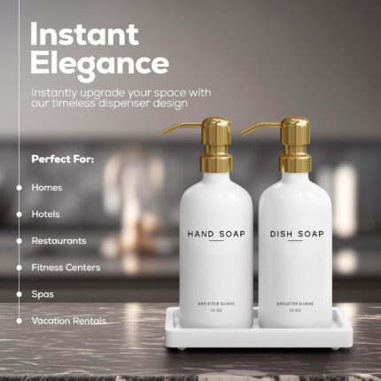 Elegant gold glass hand and dish soap dispenser set by Brighter Barns with two bottles and a ceramic tray.