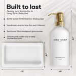 Elegant gold glass hand and dish soap dispenser set by Brighter Barns with two bottles and a ceramic tray.