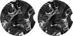 A pair of round black marble patterned ceramic stone car coasters with a cork base, designed to fit vehicle cupholders.