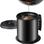 Black Cambom bacon grease container with a fine mesh strainer and a black coaster tray, on a white background.