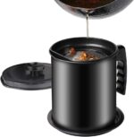 Black Cambom bacon grease container with a fine mesh strainer and a black coaster tray, on a white background.