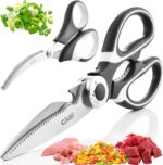 Two pairs of Gidli stainless steel kitchen and seafood shears with black and white handles, one with a protective blade cover