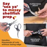 Two pairs of Gidli stainless steel kitchen and seafood shears with black and white handles, one with a protective blade cover