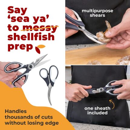 Two pairs of Gidli stainless steel kitchen and seafood shears with black and white handles, one with a protective blade cover