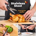 Two pairs of Gidli stainless steel kitchen and seafood shears with black and white handles, one with a protective blade cover
