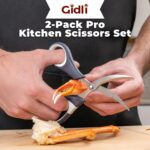 Two pairs of Gidli stainless steel kitchen and seafood shears with black and white handles, one with a protective blade cover