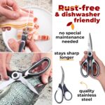 Two pairs of Gidli stainless steel kitchen and seafood shears with black and white handles, one with a protective blade cover