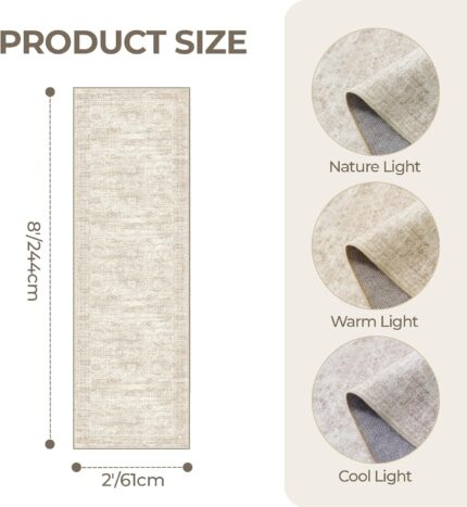 A beige/ivory Restydon 2x8 runner rug with a subtle pattern, laid out on a floor in an indoor setting.