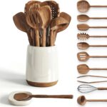 A complete 12-piece SMIRLY acacia wood utensil set with ceramic holder and spoon rest on a kitchen counter.