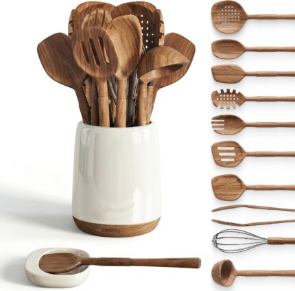A complete 12-piece SMIRLY acacia wood utensil set with ceramic holder and spoon rest on a kitchen counter.
