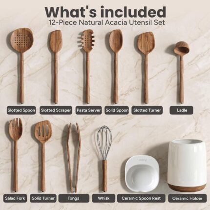 A complete 12-piece SMIRLY acacia wood utensil set with ceramic holder and spoon rest on a kitchen counter.