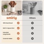 A complete 12-piece SMIRLY acacia wood utensil set with ceramic holder and spoon rest on a kitchen counter.