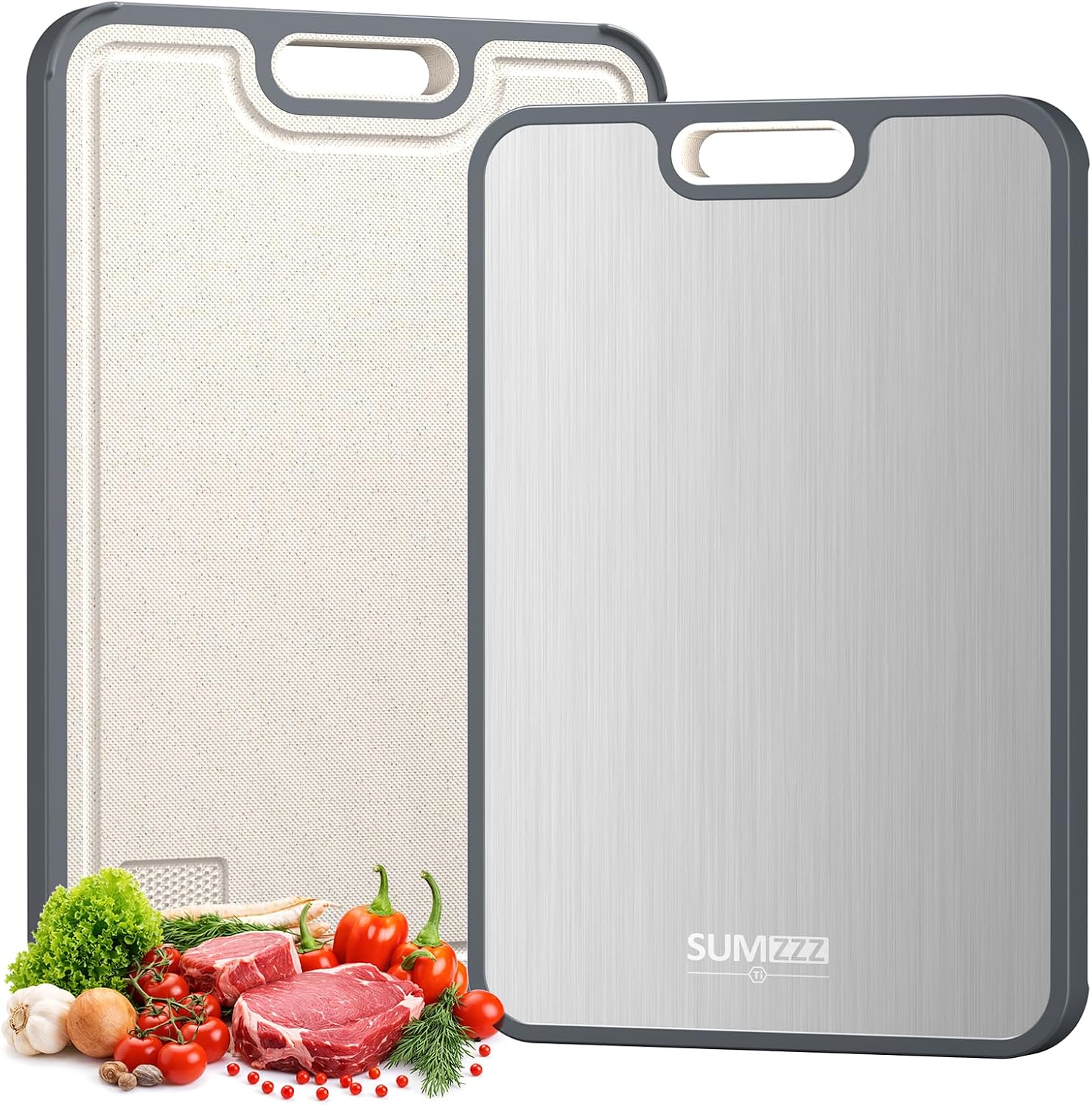 sumzzz-titanium-pp-kitchen-cutting-board-16x11-inch-for-meat-veggies-fruit-01 A sleek, silver rectangular Sumzzz titanium cutting board with a juice groove and garlic grinding area, shown on a kitchen co