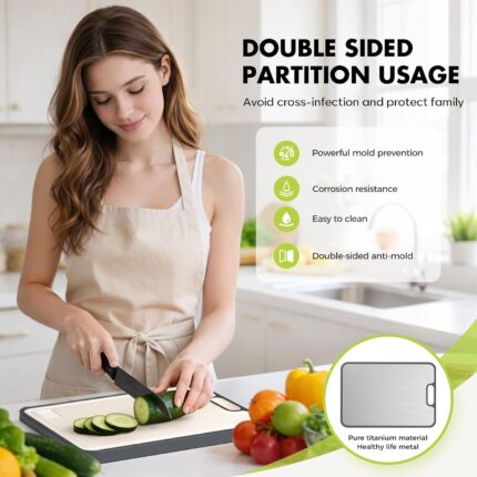 A sleek, silver rectangular Sumzzz titanium cutting board with a juice groove and garlic grinding area, shown on a kitchen co