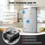 A sleek, silver rectangular Sumzzz titanium cutting board with a juice groove and garlic grinding area, shown on a kitchen co