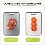 A sleek, silver rectangular Sumzzz titanium cutting board with a juice groove and garlic grinding area, shown on a kitchen co