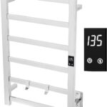 A sleek, polished 304 stainless steel electric towel warmer with six bars, mounted on a bathroom wall.