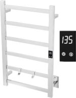 A sleek, polished 304 stainless steel electric towel warmer with six bars, mounted on a bathroom wall.