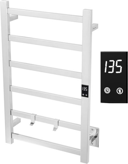 A sleek, polished 304 stainless steel electric towel warmer with six bars, mounted on a bathroom wall.