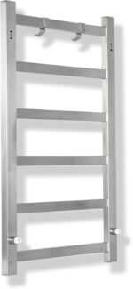 A sleek, polished 304 stainless steel electric towel warmer with six bars, mounted on a bathroom wall.
