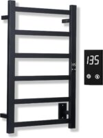 A sleek, polished 304 stainless steel electric towel warmer with six bars, mounted on a bathroom wall.