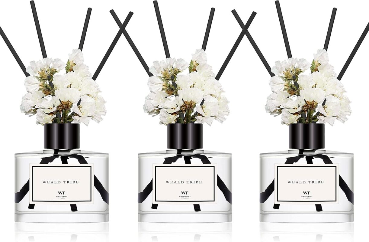 Three transparent glass bottles of WEALD TRIBE flower reed diffusers with black fiber sticks and dried flowers in a luxurious