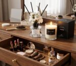 Three transparent glass bottles of WEALD TRIBE flower reed diffusers with black fiber sticks and dried flowers in a luxurious