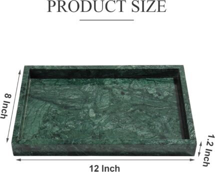 A rectangular dark green natural marble vanity tray, polished and smooth, on a light surface, showcasing its unique veining.